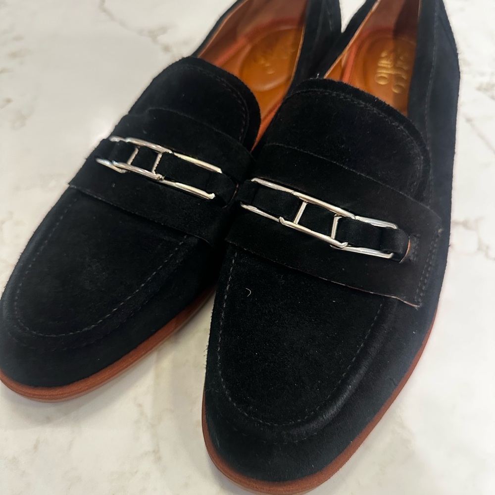 Women’s Franco Sarto black loafers with silver buckle, size 9.5